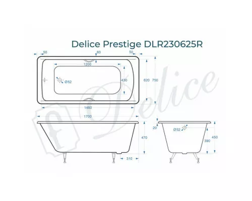 Ванна чугунная Delice Prestige 170х75 с отверстиями под ручки DLR230625R