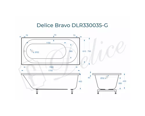 Ванна из литьевого мрамора Delice Bravo 170х75 глянцевая DLR330035-G