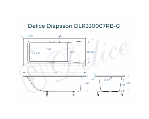 Ванна из литьевого мрамора Delice Diapason 170х80 глянцевая с черными ручками DLR330007RB-G
