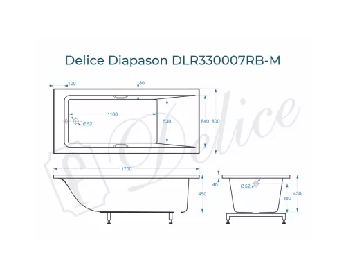 Ванна из литьевого мрамора Delice Diapason 170х80 матовая с черными ручками DLR330007RB-M