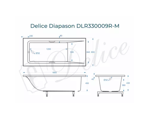 Ванна из литьевого мрамора Delice Diapason 180х80 матовая с ручками Хром DLR330009R-M
