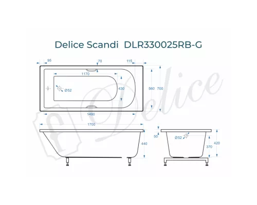Ванна из литьевого мрамора Delice Scandi 170х70 глянцевая с черными ручками DLR330025RB-G