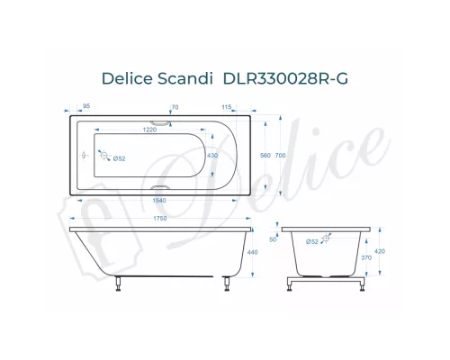 Ванна из литьевого мрамора Delice Scandi 175х70 глянцевая с ручками Хром DLR330028R-G