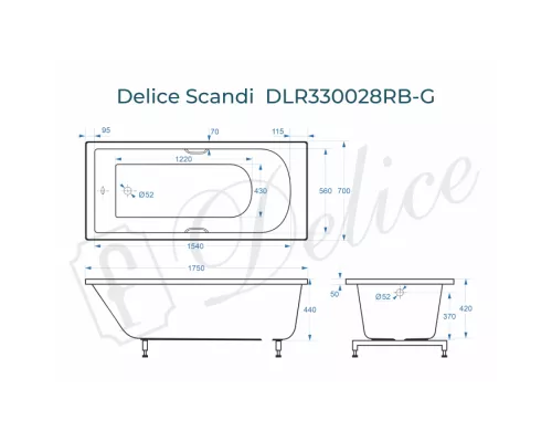 Ванна из литьевого мрамора Delice Scandi 175х70 глянцевая с черными ручками DLR330028RB-G
