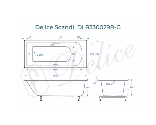 Ванна из литьевого мрамора Delice Scandi 180х70 глянцевая с ручками Хром DLR330029R-G