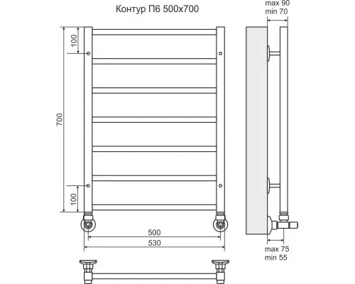 Заказать Полотенцесушитель водяной 700х530 подключение нижнее Terminus Контур П6 в магазине сантехники Santeh-Crystal.ru