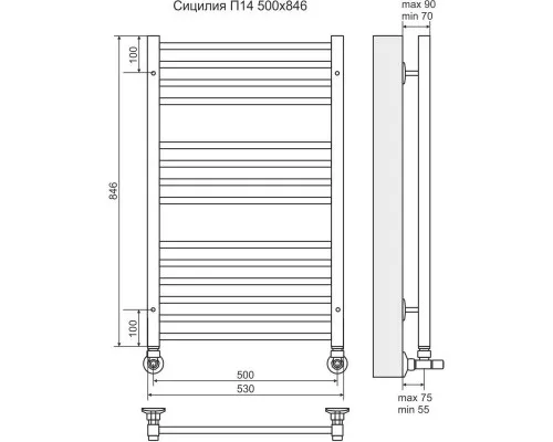 Приобрести Полотенцесушитель водяной 846x530 мм подключение нижнее Terminus Сицилия П14 в магазине сантехники Santeh-Crystal.ru