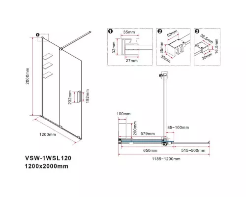 Душевая перегородка Vincea Walk-In WSL VSW-1WSL120CLGM 120 см, профиль вороненая сталь, стекло прозрачное