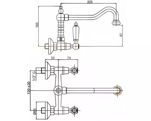 Купить Кухонный смеситель для настенного монтажа золото 24 карат, ручки золото 24 карат Cezares Lord LORD-LLP-03/24 в магазине сантехники Santeh-Crystal.ru