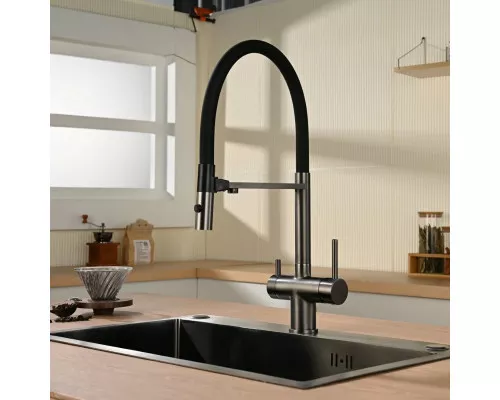 Смеситель для кухни Vincea VKF-120GM с подключением к фильтру, гибким изливом, вороненая сталь