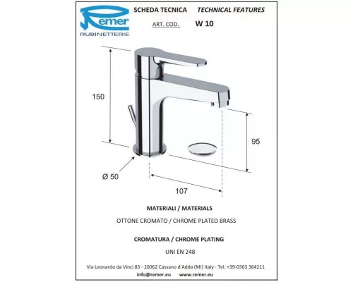 Купить Смеситель для раковины с донным клапаном Remer Winner W10 в магазине сантехники Santeh-Crystal.ru