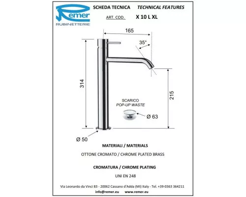 Заказать Смеситель для раковины с донным клапаном Remer X Style X10LXL в магазине сантехники Santeh-Crystal.ru
