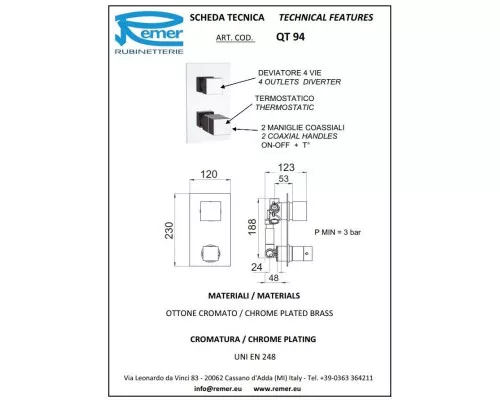 Купить Термостат для ванны Remer Qubika QT94 в магазине сантехники Santeh-Crystal.ru