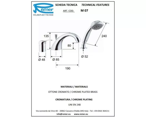 Приобрести Смеситель на борт ванны Remer Musa M07 в магазине сантехники Santeh-Crystal.ru