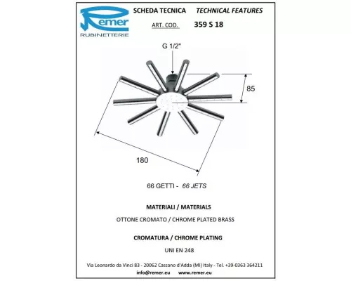 Заказать Верхний душ 180 мм Remer 359S18 в магазине сантехники Santeh-Crystal.ru
