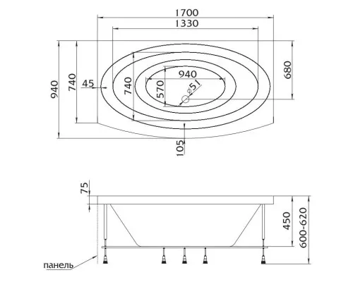 Купить Акриловая ванна 170х94 см Marka One Nega 01нег1795 в магазине сантехники Santeh-Crystal.ru