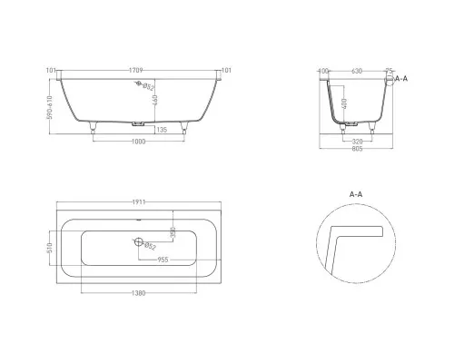 Ванна из литьевого мрамора Salini S-Sense Orlanda Axis 103211GF 191,1x80,5 см, покраска по RAL глянец полностью