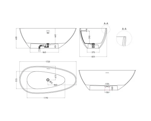 Ванна из литьевого мрамора Salini S-Stone Paola 1015204MF 172x82,5 см, отдельностоящая, покраска по RAL матовый полностью
