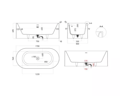Ванна из литьевого мрамора Salini S-Stone Perla 1049201M 170x80 см, отдельностоящая, белый матовый