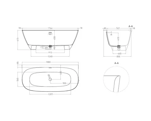 Ванна из литьевого мрамора Salini S-Stone Sofia Wall 102523MF 180x85 см, покраска по RAL матовый полностью
