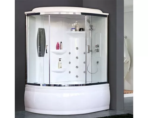 Купить Душевой бокс Royal Bath ALP 150x100 RB150ALP-T-CH-R с гидромассажем стекло прозрачное задние стенки Белые в магазине сантехники Santeh-Crystal.ru