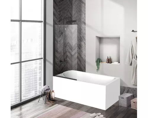 Купить Шторка на ванну BelBagno Uno 90 UNO-V-1-90/150-C-NERO профиль Черный матовый стекло прозрачное в магазине сантехники Santeh-Crystal.ru