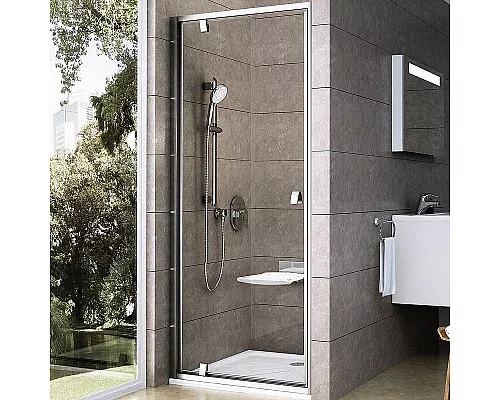 Приобрести Душевая дверь Ravak Pivot PDOP1-80 03G40U00Z1 профиль Сатин ручка Хром стекло Transparent в магазине сантехники Santeh-Crystal.ru