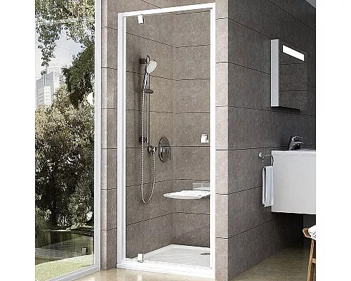 Приобрести Душевая дверь Ravak Pivot PDOP1-90 03G70100Z1 профиль Белый ручка Хром стекло Transparent в магазине сантехники Santeh-Crystal.ru