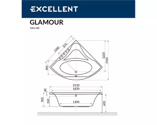 Купить Акриловая ванна Excellent Glamour 150x150 WAEX.GLA15.ULTRA.GL с гидромассажем в магазине сантехники Santeh-Crystal.ru