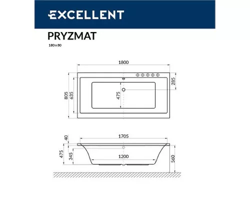 Купить Акриловая ванна Excellent Pryzmat 180x80 WAEX.PRY18.RELAX.BR с гидромассажем в магазине сантехники Santeh-Crystal.ru