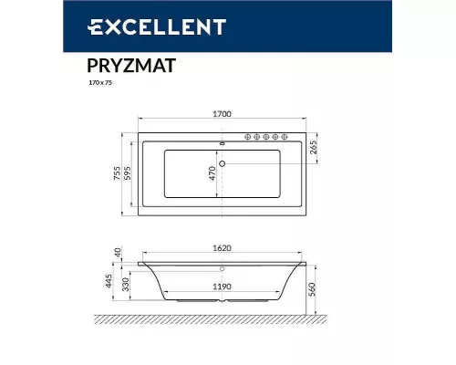 Заказать Акриловая ванна Excellent Pryzmat Slim 170x75 WAEX.PRY17S.SOFT.GL с гидромассажем в магазине сантехники Santeh-Crystal.ru
