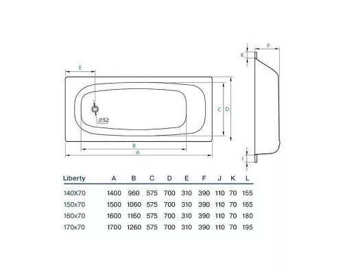 Купить Стальная ванна Koller Pool Liberty 160x70 B60C2200E без антискользящего покрытия в магазине сантехники Santeh-Crystal.ru