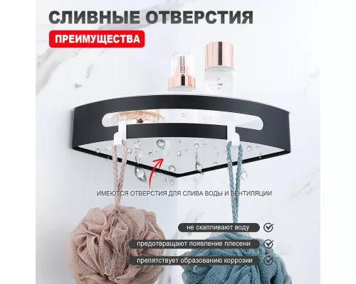 Полка для ванны и душа Raglo R340.01.06 угловая с крючками,черный