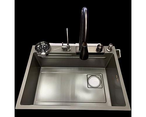 Приобрести Кухонная мойка Zandini серая с краном «Водопад» Размеры: 680x500x200 в магазине сантехники Santeh-Crystal.ru