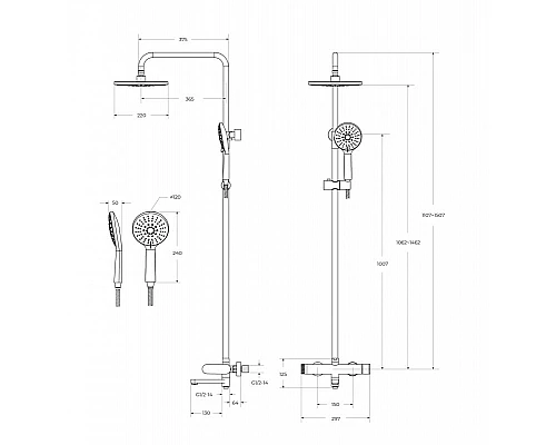 Душевая стойка со смесителем изливом и душевым шлангом, верхним, ручным душем CEZARES STYLUS-CVD-IN