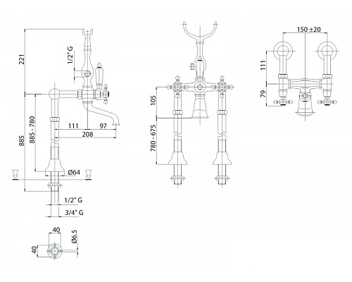 Напольный смеситель для ванны с ручным душем, шлангом 150 см CEZARES LORD-VDP-03/24-M