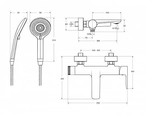 Смеситель для ванны и душа в комплекте с ручным душем, шлангом и держателем CEZARES LUX-VD-01