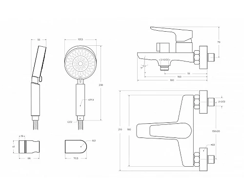 Смеситель для ванны и душа в комплекте с ручным душем, шлангом и держателем BelBagno ANCONA-VAS/DFS-CRM