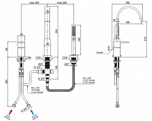 Смеситель на борт ванны на 3 отверстия CEZARES UNIKA-BVD3-BIO