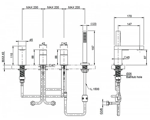 Смеситель на борт ванны на 4 отверстия CEZARES UNIKA-BVD4-BIO