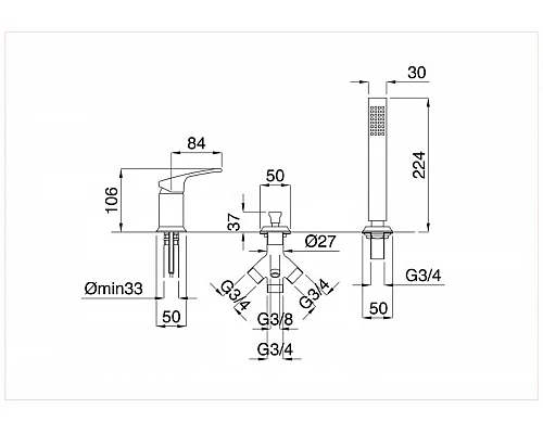Смеситель на борт ванны однорычажный без излива Cezares LEGEND-BDM-02