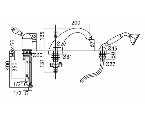 Смеситель на борт ванной с выдвижным душем и переключателем CEZARES VINTAGE-BVDM-03/24-Sw