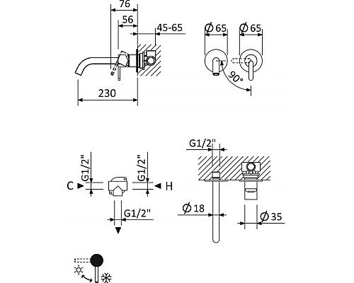 Смеситель для раковины встраиваемый однорычажный с тонкой ручкой CEZARES LEAF-BLI2-L-BIO белый матовый