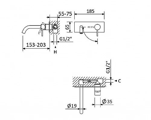 Смеситель для раковины встраиваемый однорычажный, с тонкой ручкой CEZARES LEAF-BLI1-20-L-SR
