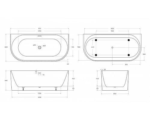 Пристенная, полукруглая акриловая ванна в комплекте со сливом-переливом BelBagno BB713-1700-800