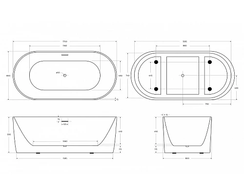 Отдельностоящая овальная акриловая ванна в комплекте со сливом-переливом BelBagno BB411-1700-800