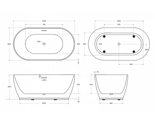 Отдельностоящая овальная акриловая ванна в комплекте со сливом-переливом BelBagno BB413-1500-800