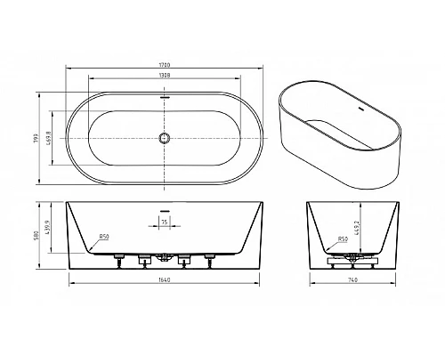 Отдельностоящая, овальная акриловая ванна в комплекте со сливом-переливом BelBagno BB705-1700-800