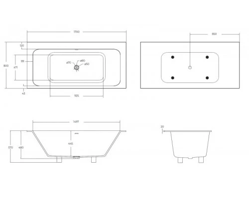 Ванна встраиваемая из искусственного камня Solid Surface 1700x800x570 CEZARES CZR-SLIDER-170-80-57-SSB