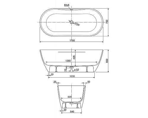 Ванна из литьевого мрамора CEZARES TITAN-ROUND-170-75-57